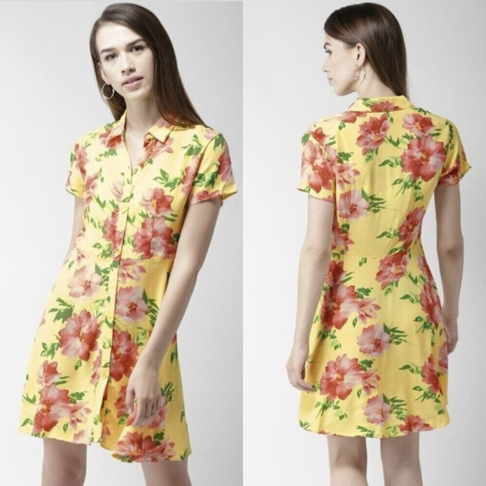Forever 21 Floral Shirt Dress Womens L Yellow Pink Fit Flare Button Up Boho Mini